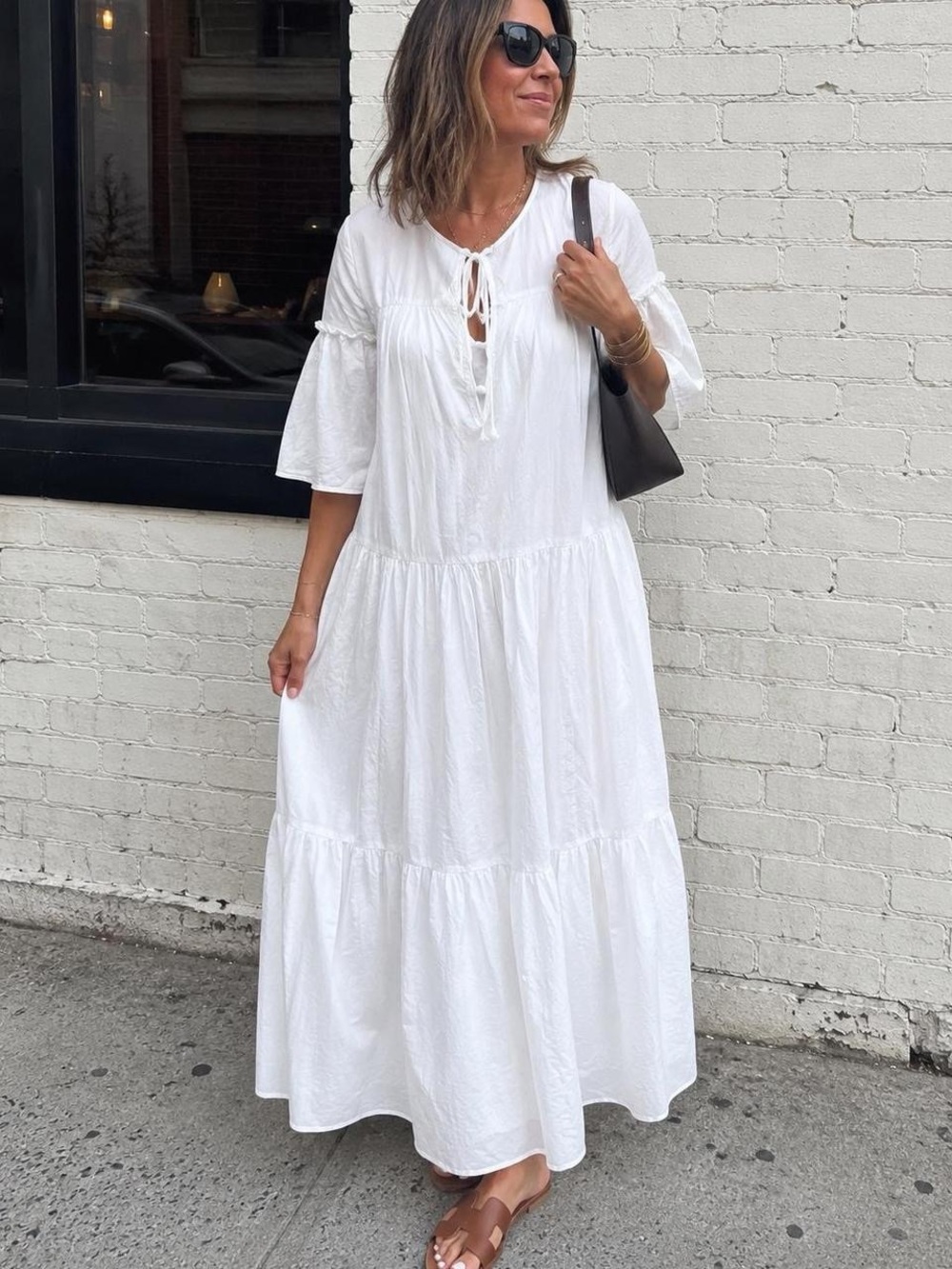 J. Crew White Tiered Tie-Neck Maxi Dress with Elbow Sleeves